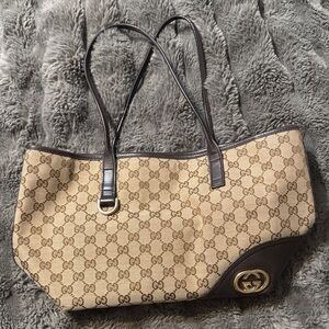 Gucci Beige Monogram Canvas Shoulder Bag with Brown Leather Trim